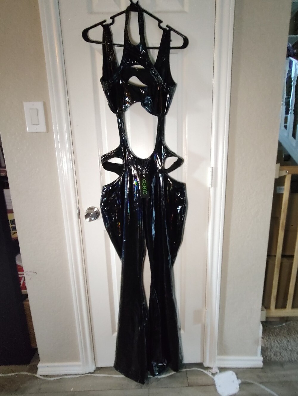 NWT Club Exx Dolls Kill Black Holographic Liquid Vinyl Cutout Flare Jumpsuit Med